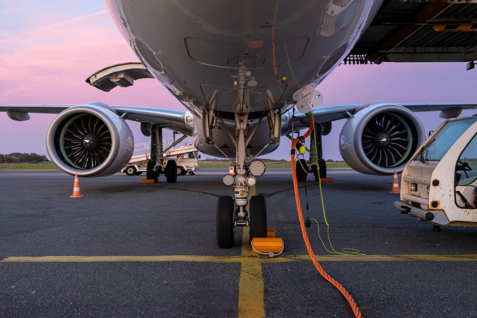 Close-up view of an airplane undergoing maintenance on the tarmac at sunset.